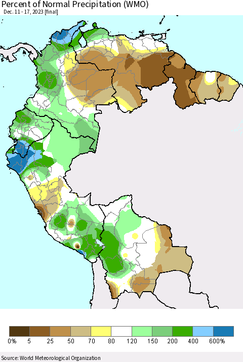 Northern South America Percent of Normal Precipitation (WMO) Thematic Map For 12/11/2023 - 12/17/2023