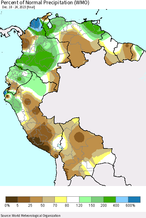 Northern South America Percent of Normal Precipitation (WMO) Thematic Map For 12/18/2023 - 12/24/2023