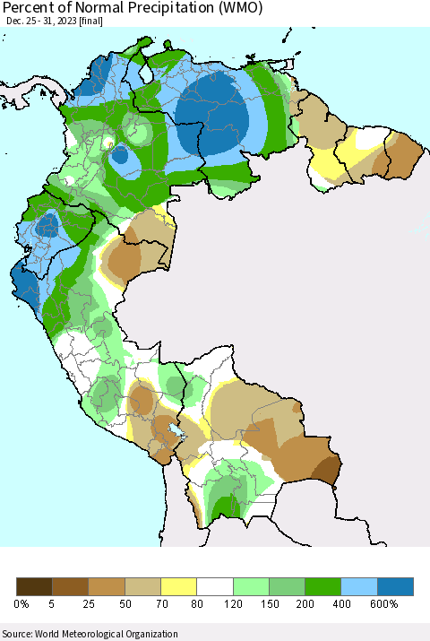 Northern South America Percent of Normal Precipitation (WMO) Thematic Map For 12/25/2023 - 12/31/2023