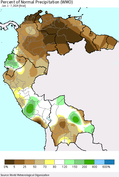 Northern South America Percent of Normal Precipitation (WMO) Thematic Map For 1/1/2024 - 1/7/2024