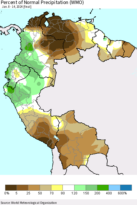 Northern South America Percent of Normal Precipitation (WMO) Thematic Map For 1/8/2024 - 1/14/2024