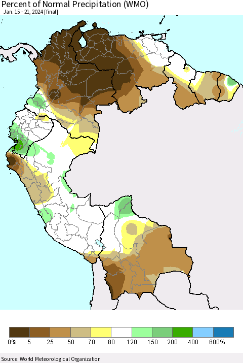 Northern South America Percent of Normal Precipitation (WMO) Thematic Map For 1/15/2024 - 1/21/2024