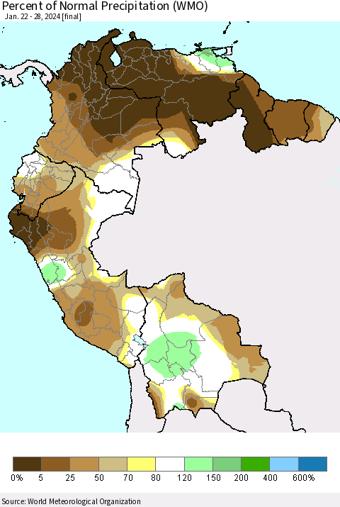 Northern South America Percent of Normal Precipitation (WMO) Thematic Map For 1/22/2024 - 1/28/2024