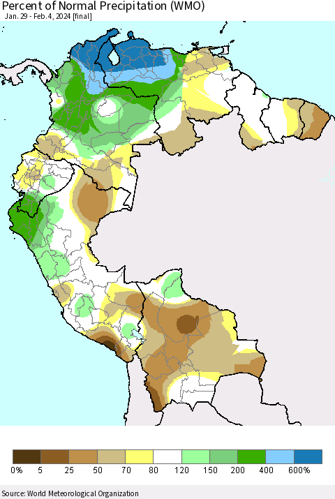 Northern South America Percent of Normal Precipitation (WMO) Thematic Map For 1/29/2024 - 2/4/2024