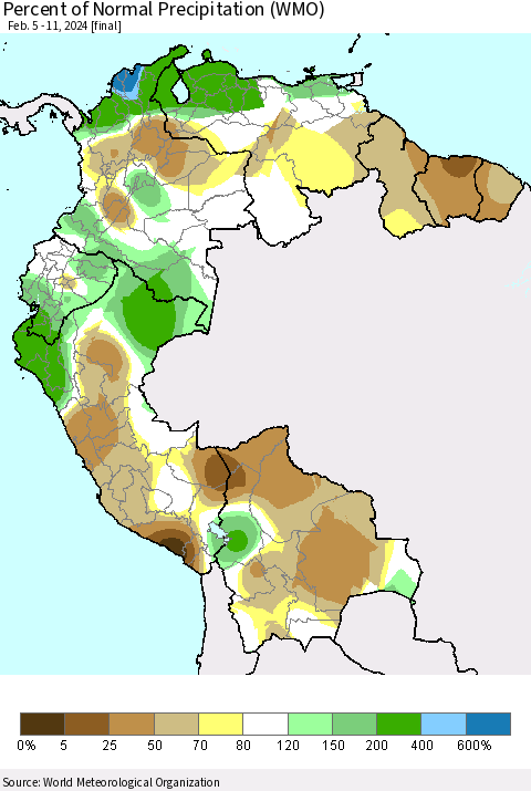 Northern South America Percent of Normal Precipitation (WMO) Thematic Map For 2/5/2024 - 2/11/2024