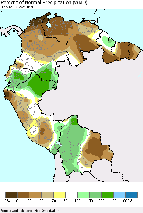 Northern South America Percent of Normal Precipitation (WMO) Thematic Map For 2/12/2024 - 2/18/2024