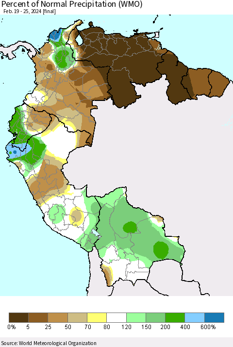 Northern South America Percent of Normal Precipitation (WMO) Thematic Map For 2/19/2024 - 2/25/2024
