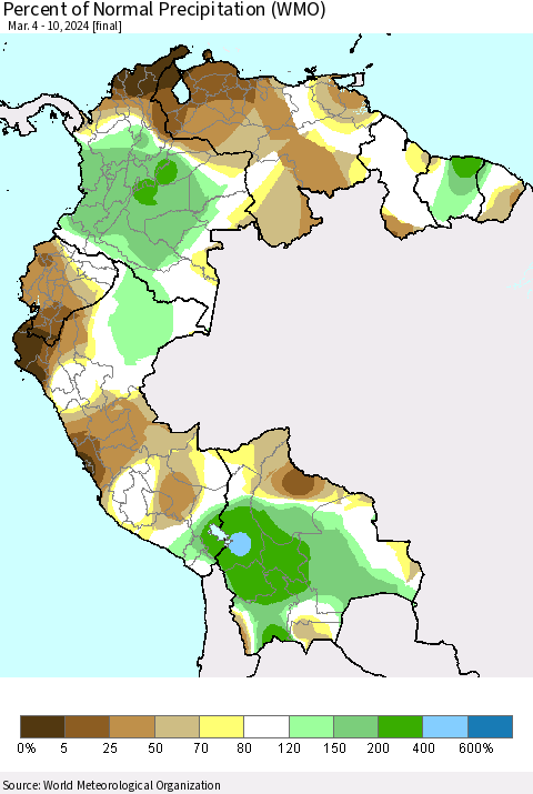 Northern South America Percent of Normal Precipitation (WMO) Thematic Map For 3/4/2024 - 3/10/2024