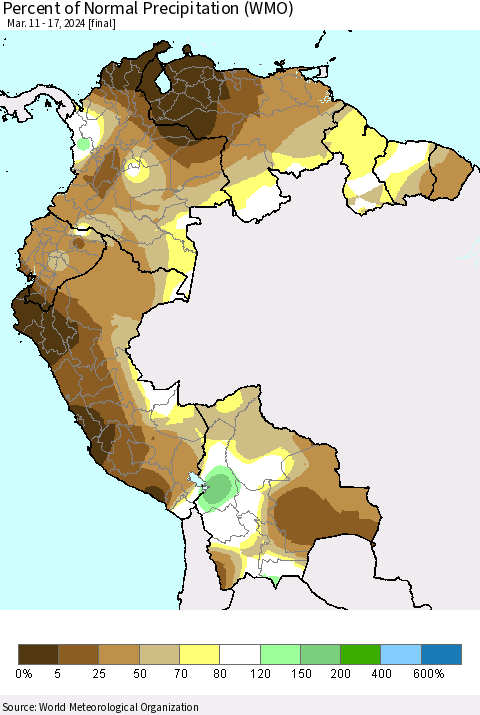 Northern South America Percent of Normal Precipitation (WMO) Thematic Map For 3/11/2024 - 3/17/2024
