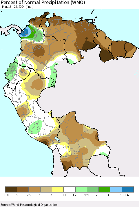 Northern South America Percent of Normal Precipitation (WMO) Thematic Map For 3/18/2024 - 3/24/2024