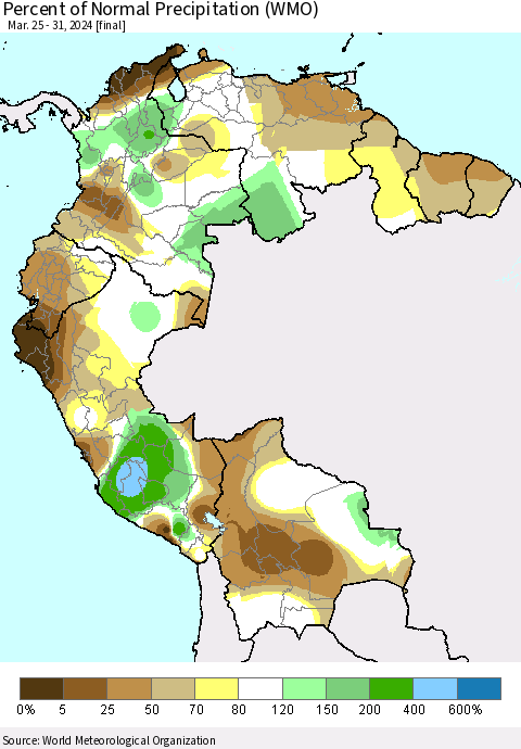 Northern South America Percent of Normal Precipitation (WMO) Thematic Map For 3/25/2024 - 3/31/2024
