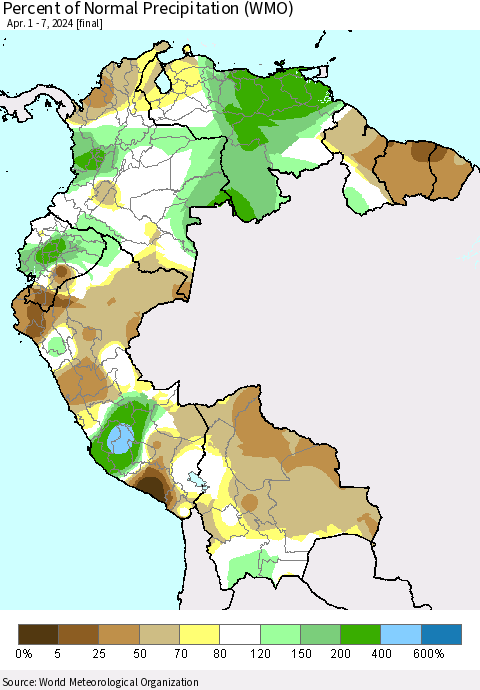 Northern South America Percent of Normal Precipitation (WMO) Thematic Map For 4/1/2024 - 4/7/2024