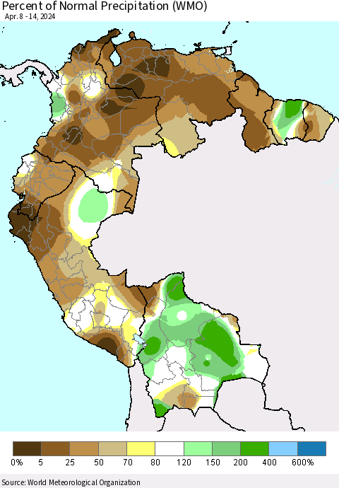 Northern South America Percent of Normal Precipitation (WMO) Thematic Map For 4/8/2024 - 4/14/2024