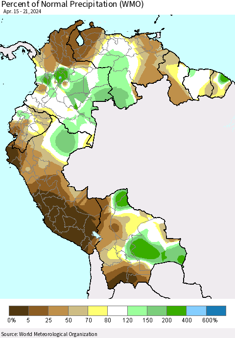 Northern South America Percent of Normal Precipitation (WMO) Thematic Map For 4/15/2024 - 4/21/2024