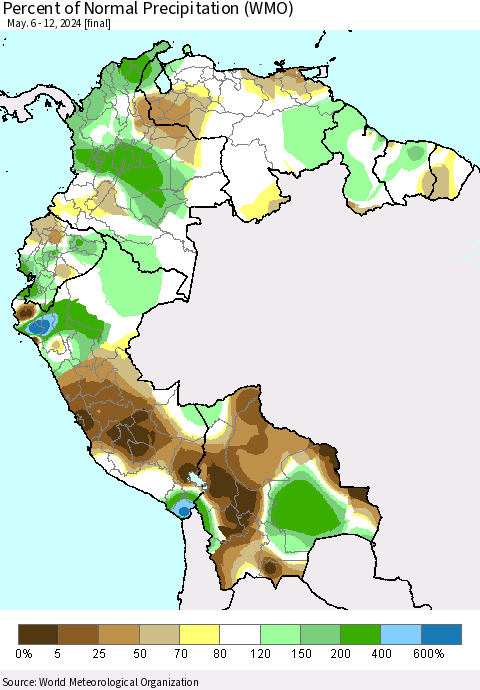 Northern South America Percent of Normal Precipitation (WMO) Thematic Map For 5/6/2024 - 5/12/2024