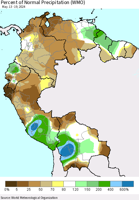 Northern South America Percent of Normal Precipitation (WMO) Thematic Map For 5/13/2024 - 5/19/2024