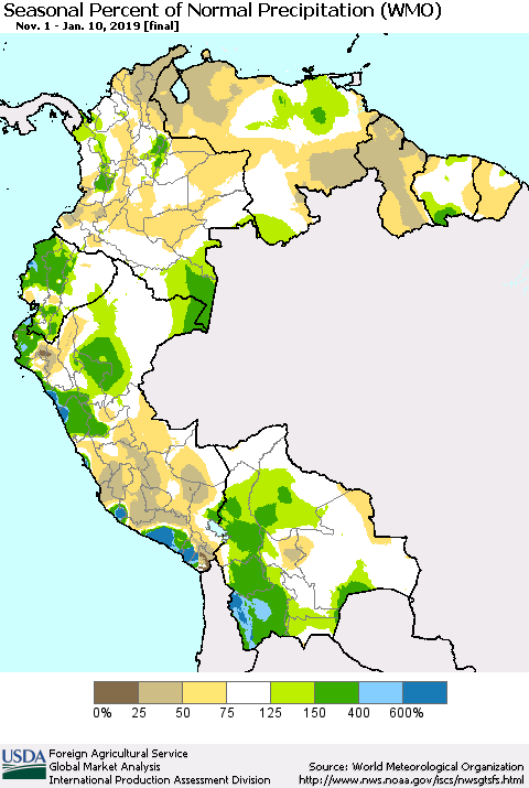 Northern South America Seasonal Percent of Normal Precipitation (WMO) Thematic Map For 11/1/2018 - 1/10/2019