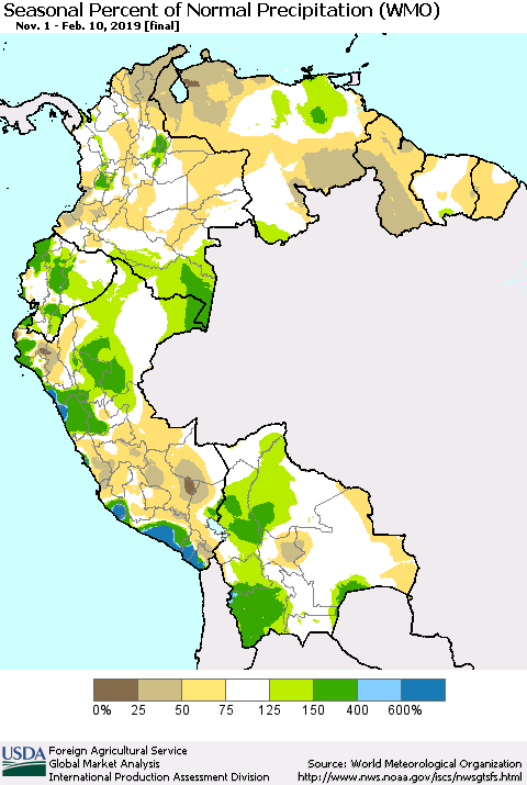 Northern South America Seasonal Percent of Normal Precipitation (WMO) Thematic Map For 11/1/2018 - 2/10/2019