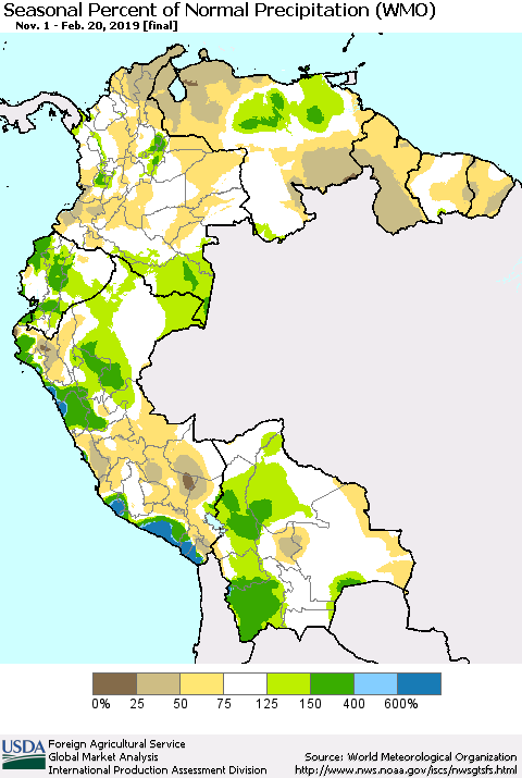 Northern South America Seasonal Percent of Normal Precipitation (WMO) Thematic Map For 11/1/2018 - 2/20/2019