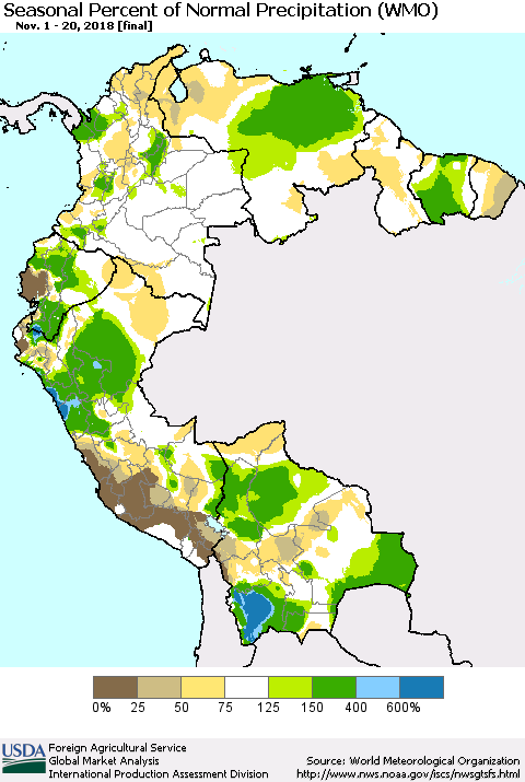 Northern South America Seasonal Percent of Normal Precipitation (WMO) Thematic Map For 11/1/2018 - 11/20/2018