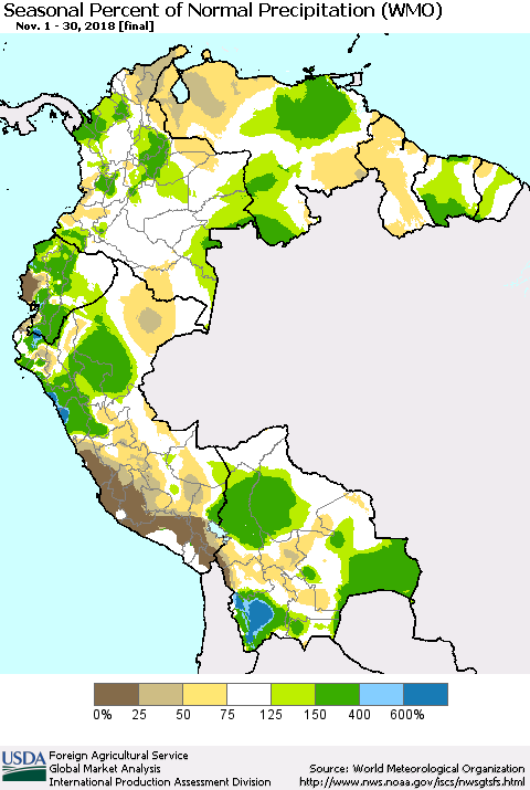 Northern South America Seasonal Percent of Normal Precipitation (WMO) Thematic Map For 11/1/2018 - 11/30/2018