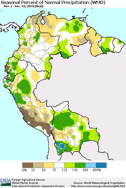 Northern South America Seasonal Percent of Normal Precipitation (WMO) Thematic Map For 11/1/2018 - 12/10/2018