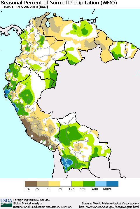 Northern South America Seasonal Percent of Normal Precipitation (WMO) Thematic Map For 11/1/2018 - 12/20/2018