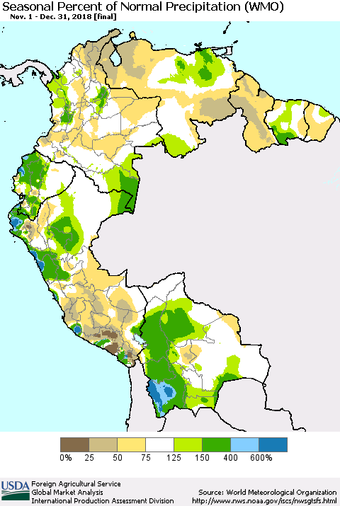 Northern South America Seasonal Percent of Normal Precipitation (WMO) Thematic Map For 11/1/2018 - 12/31/2018