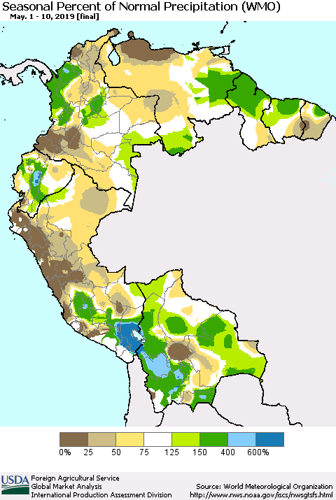 Northern South America Seasonal Percent of Normal Precipitation (WMO) Thematic Map For 5/1/2019 - 5/10/2019