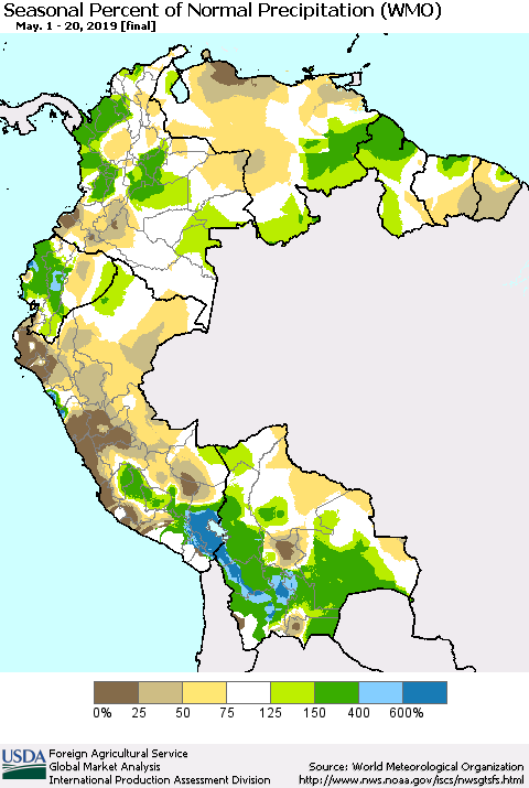 Northern South America Seasonal Percent of Normal Precipitation (WMO) Thematic Map For 5/1/2019 - 5/20/2019