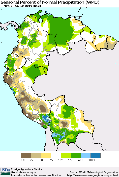 Northern South America Seasonal Percent of Normal Precipitation (WMO) Thematic Map For 5/1/2019 - 6/10/2019