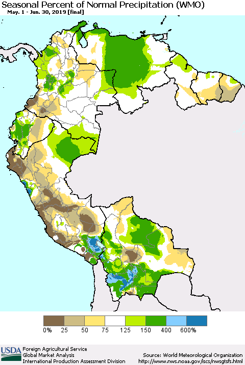 Northern South America Seasonal Percent of Normal Precipitation (WMO) Thematic Map For 5/1/2019 - 6/30/2019