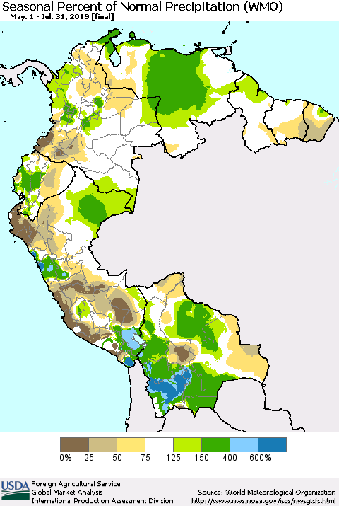 Northern South America Seasonal Percent of Normal Precipitation (WMO) Thematic Map For 5/1/2019 - 7/31/2019