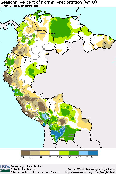 Northern South America Seasonal Percent of Normal Precipitation (WMO) Thematic Map For 5/1/2019 - 8/10/2019