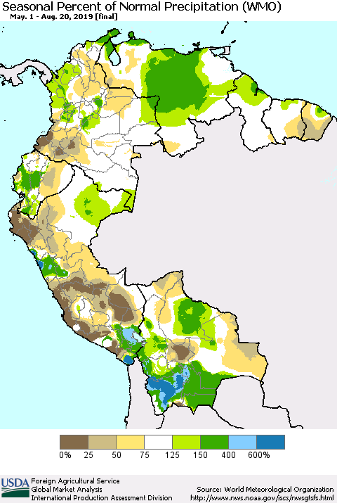 Northern South America Seasonal Percent of Normal Precipitation (WMO) Thematic Map For 5/1/2019 - 8/20/2019
