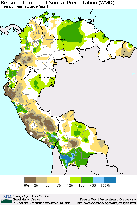 Northern South America Seasonal Percent of Normal Precipitation (WMO) Thematic Map For 5/1/2019 - 8/31/2019