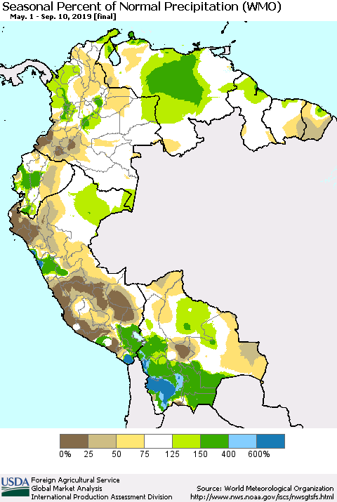 Northern South America Seasonal Percent of Normal Precipitation (WMO) Thematic Map For 5/1/2019 - 9/10/2019