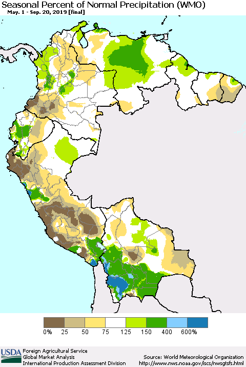 Northern South America Seasonal Percent of Normal Precipitation (WMO) Thematic Map For 5/1/2019 - 9/20/2019