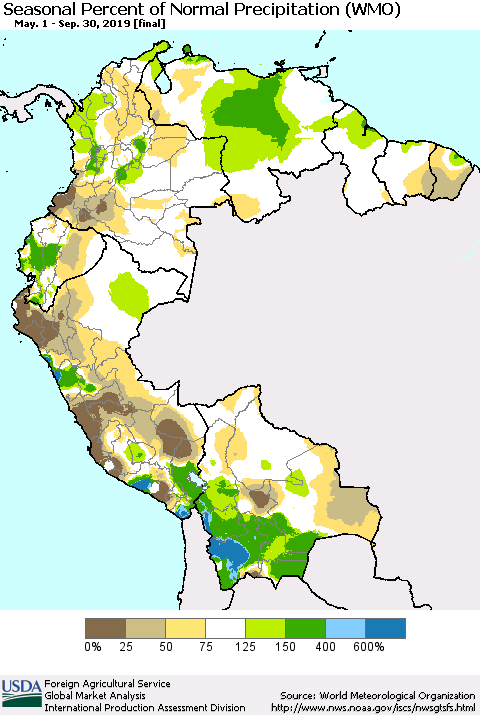 Northern South America Seasonal Percent of Normal Precipitation (WMO) Thematic Map For 5/1/2019 - 9/30/2019