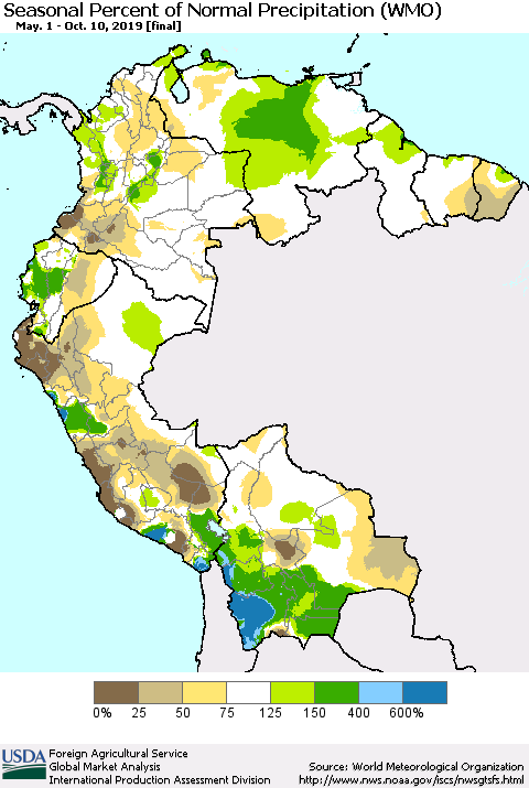 Northern South America Seasonal Percent of Normal Precipitation (WMO) Thematic Map For 5/1/2019 - 10/10/2019