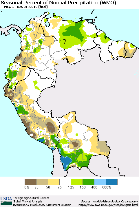 Northern South America Seasonal Percent of Normal Precipitation (WMO) Thematic Map For 5/1/2019 - 10/31/2019