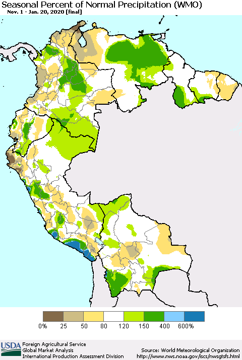 Northern South America Seasonal Percent of Normal Precipitation (WMO) Thematic Map For 11/1/2019 - 1/20/2020