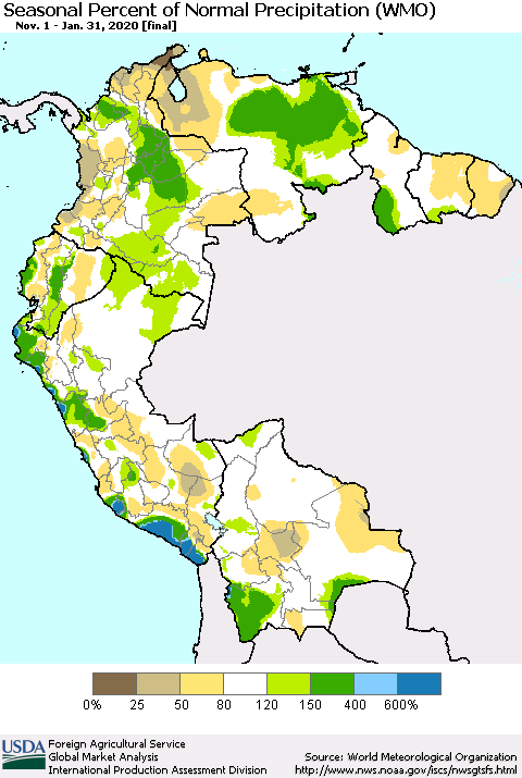 Northern South America Seasonal Percent of Normal Precipitation (WMO) Thematic Map For 11/1/2019 - 1/31/2020