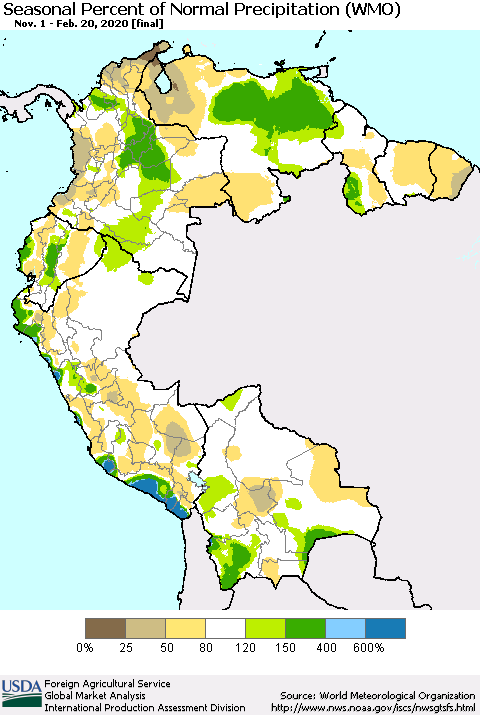 Northern South America Seasonal Percent of Normal Precipitation (WMO) Thematic Map For 11/1/2019 - 2/20/2020