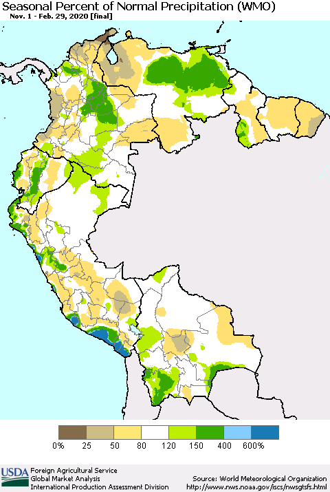 Northern South America Seasonal Percent of Normal Precipitation (WMO) Thematic Map For 11/1/2019 - 2/29/2020