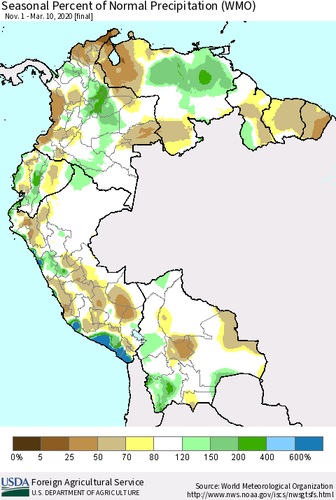 Northern South America Seasonal Percent of Normal Precipitation (WMO) Thematic Map For 11/1/2019 - 3/10/2020