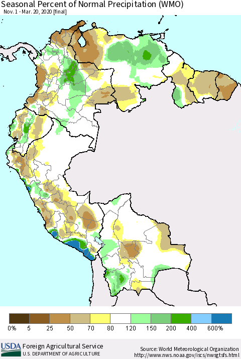 Northern South America Seasonal Percent of Normal Precipitation (WMO) Thematic Map For 11/1/2019 - 3/20/2020