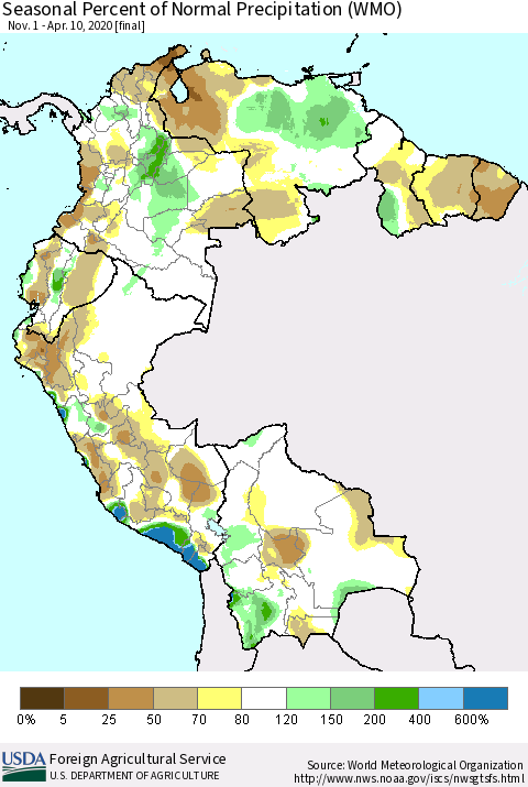 Northern South America Seasonal Percent of Normal Precipitation (WMO) Thematic Map For 11/1/2019 - 4/10/2020
