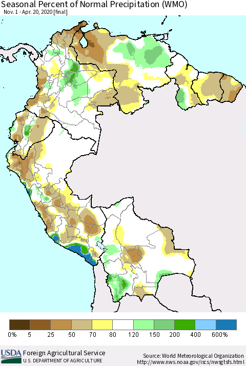 Northern South America Seasonal Percent of Normal Precipitation (WMO) Thematic Map For 11/1/2019 - 4/20/2020