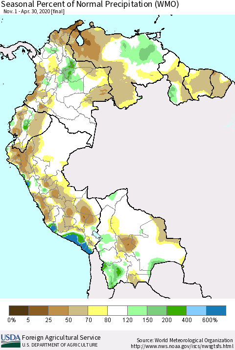 Northern South America Seasonal Percent of Normal Precipitation (WMO) Thematic Map For 11/1/2019 - 4/30/2020